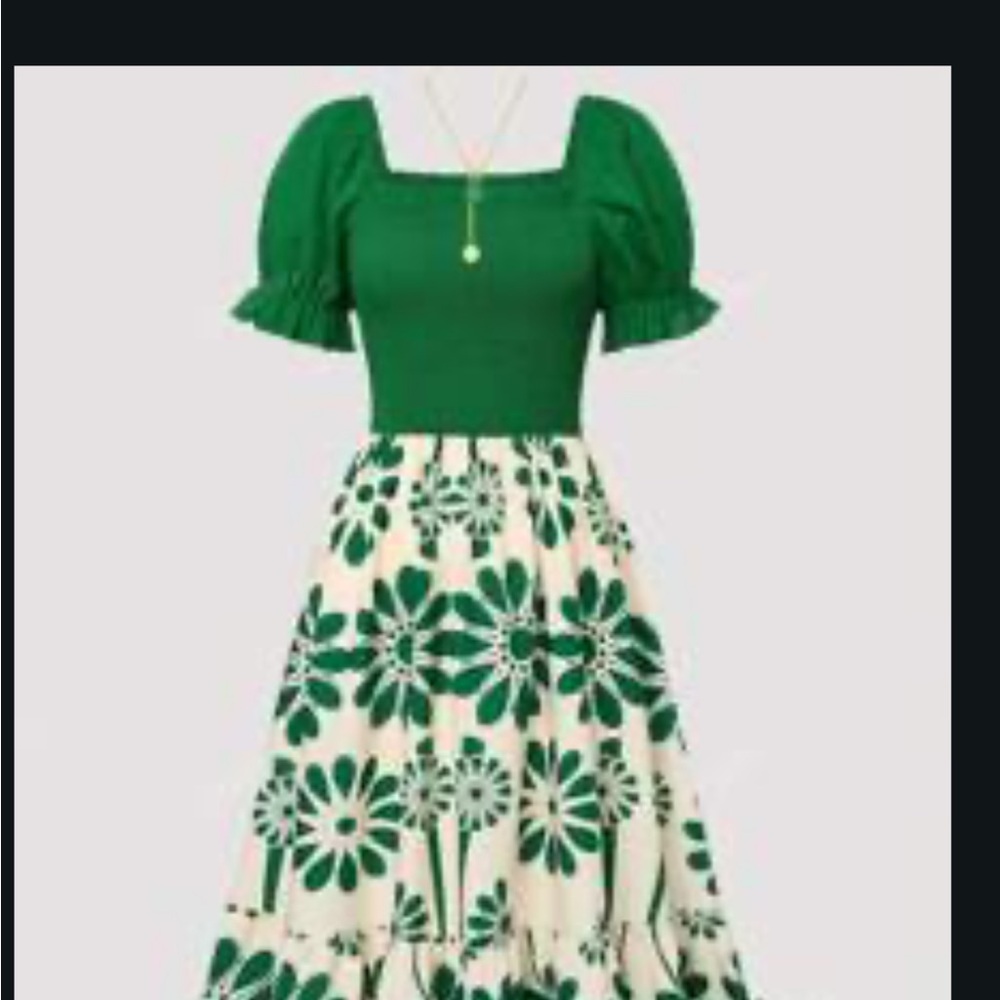 Green Floral Puff Sleeve Dress